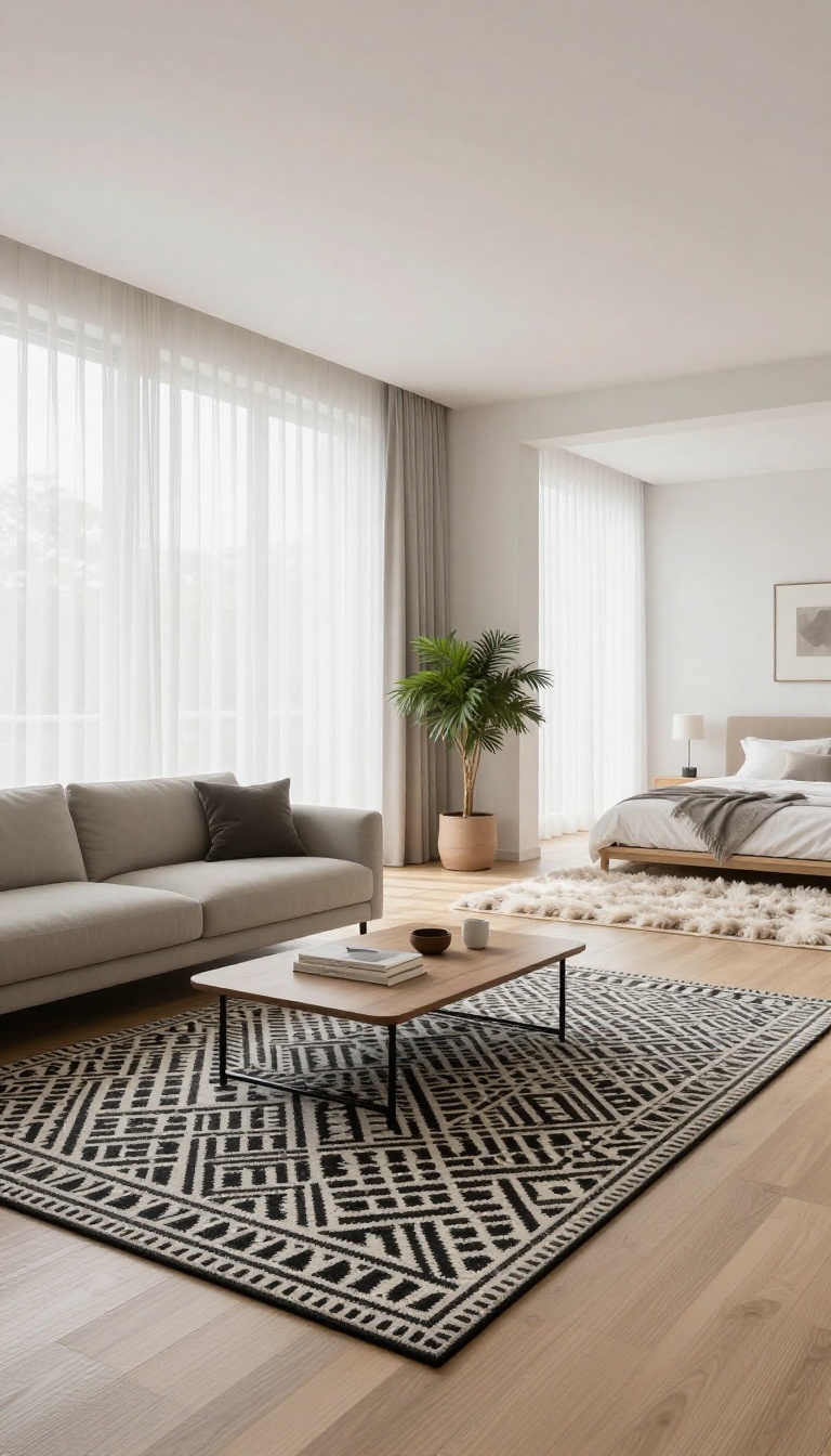 Bright modern open-plan living space with a large geometric black-and-white rug under a sofa and a fluffy pastel rug beside a low bed, showing how contrasting rugs define separate zones