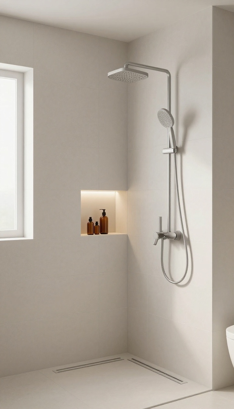 Compact niche shower built into a wall alcove with linear drain and rainfall showerhead in a small bright bathroom