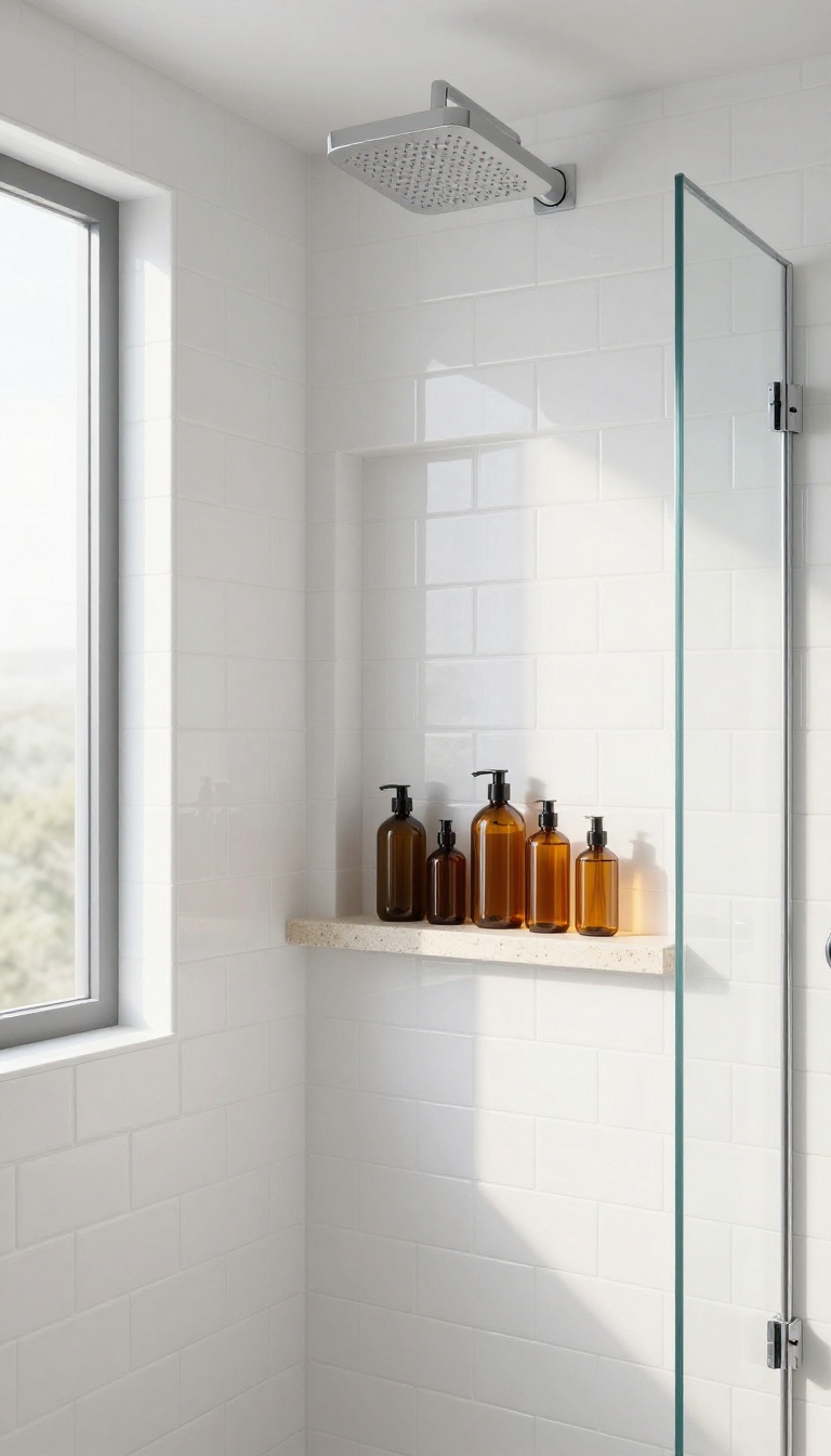 Recessed shower niche with shampoo bottles in a modern bathroom