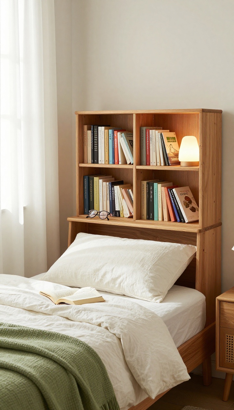 Bedroom with a wooden headboard that doubles as a bookshelf, holding books, a lamp, and reading glasses beside soft white bedding in bright natural light