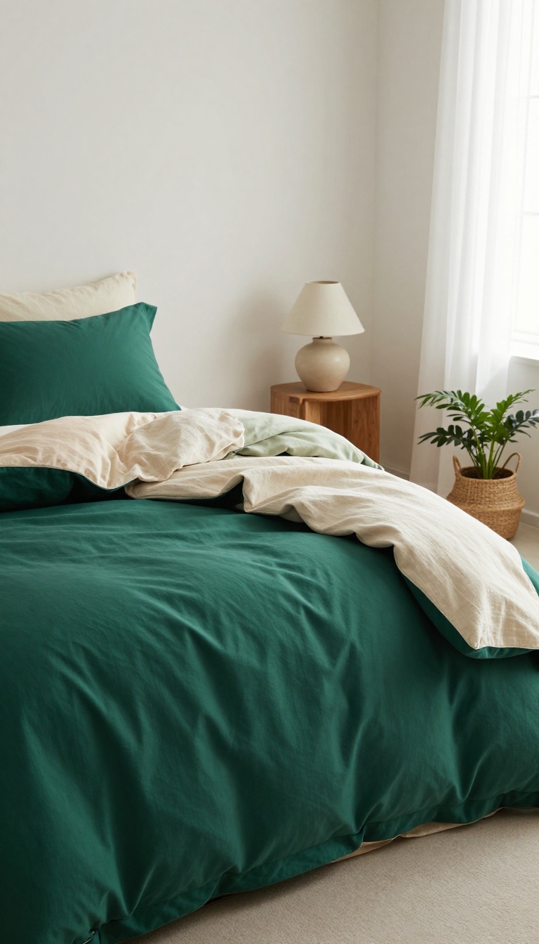 Emerald green comforter styled on a bed with warm neutral sheets and simple matte decor in a bright calm bedroom