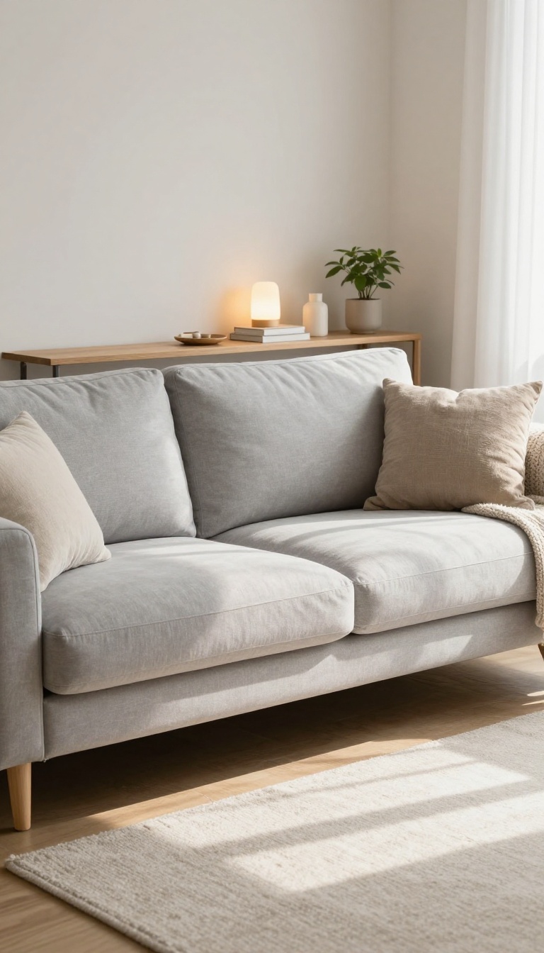 Cozy small living room with a floating sofa and a narrow slim console table behind it holding lamps and books in bright natural light