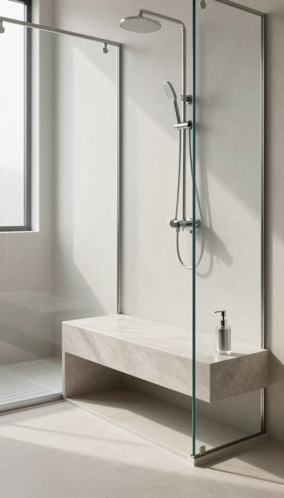 Modern shower with a built-in bench featuring a sleek shampoo dispenser
