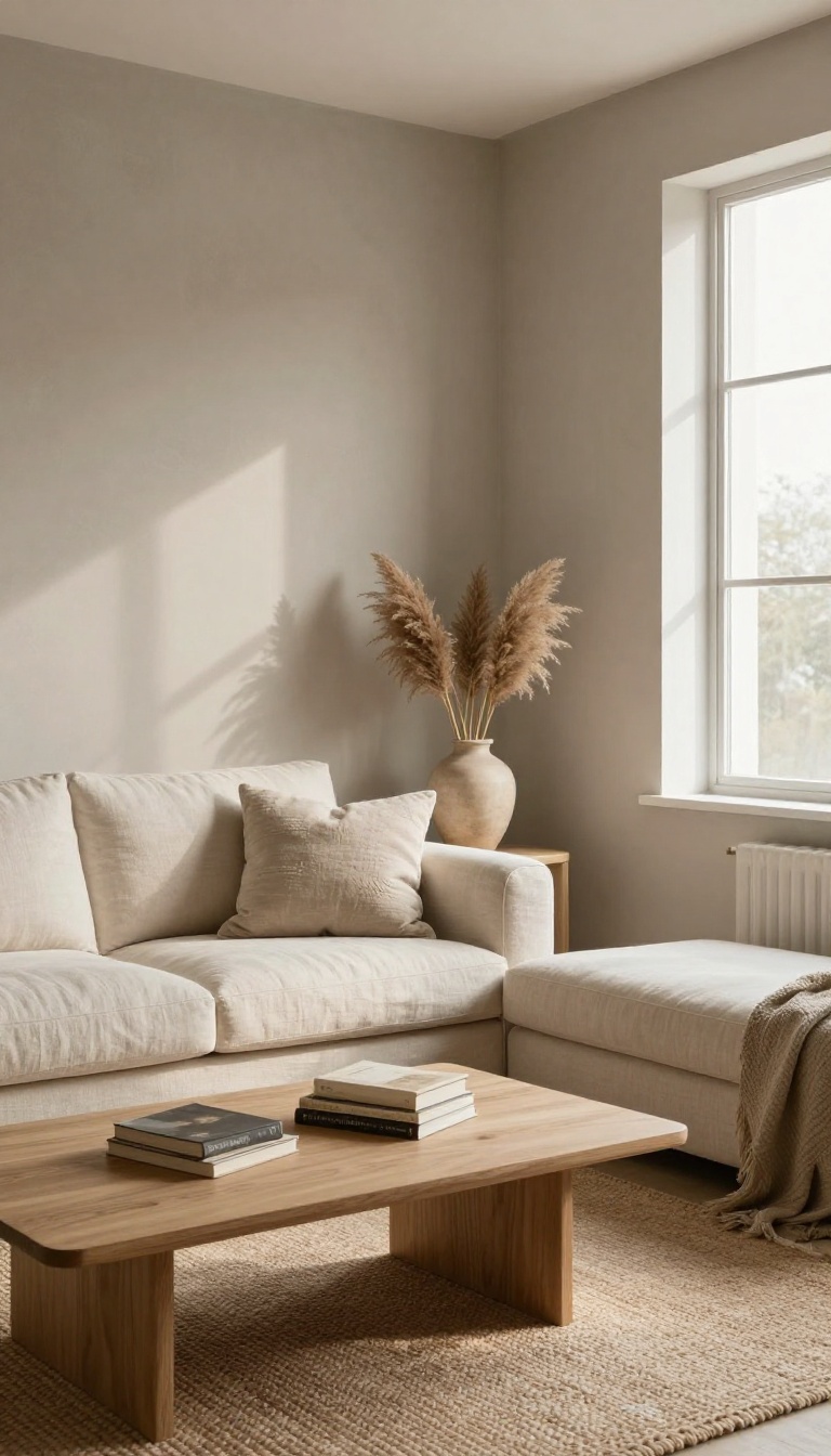 Cozy living room with warm greige walls, cream sofa, oak coffee table, and natural light
