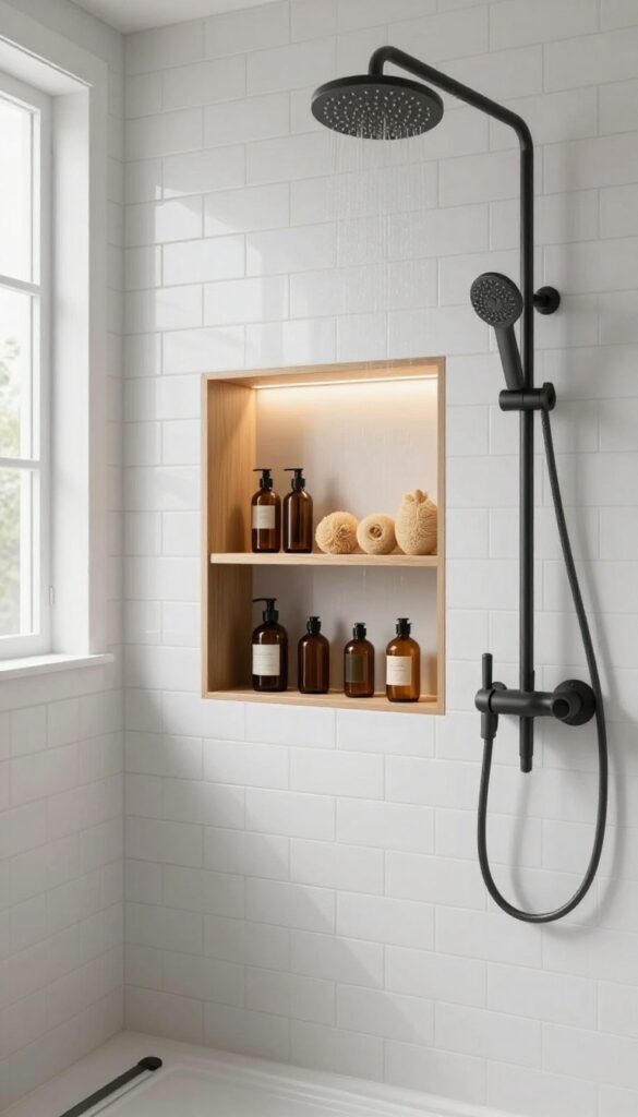 A modern farmhouse shower with a built-in wood-lined niche holding toiletries, illuminated by a small light, with white subway tile and a rainfall showerhead.