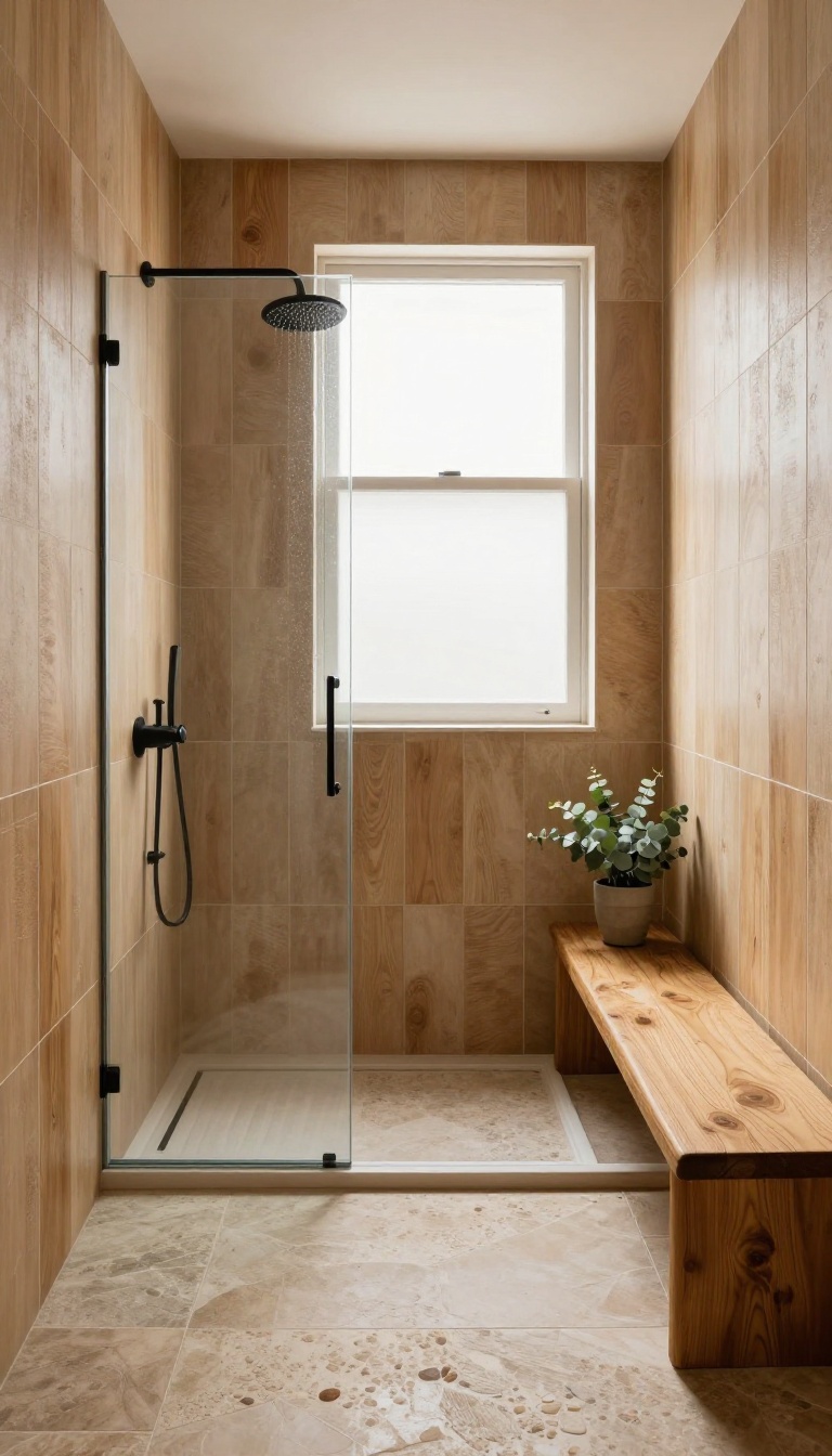 Rustic bathroom shower with wood-look tile walls and pebble floor