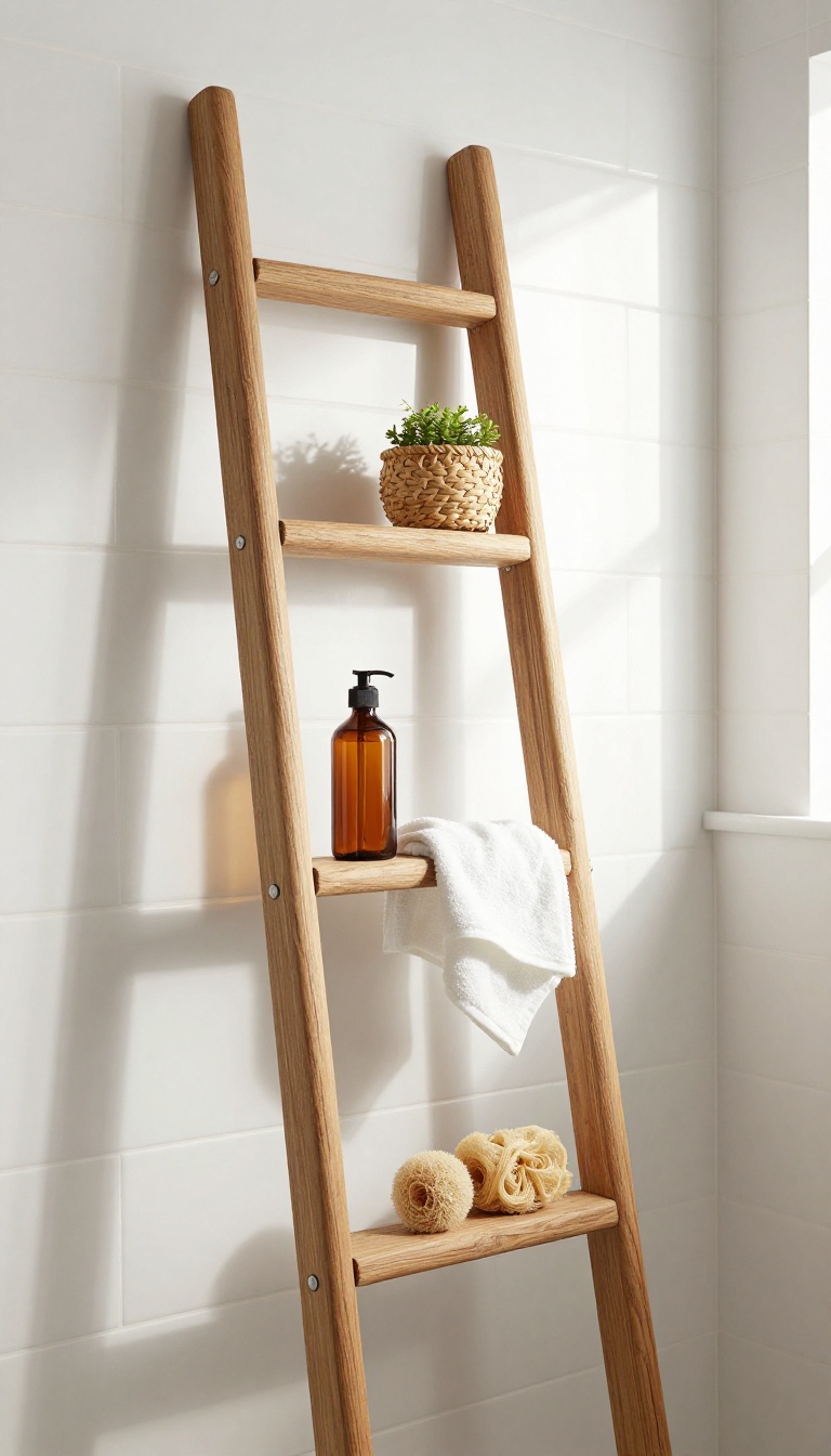 Rustic wooden ladder shower caddy with baskets and hooks in a bright bathroom