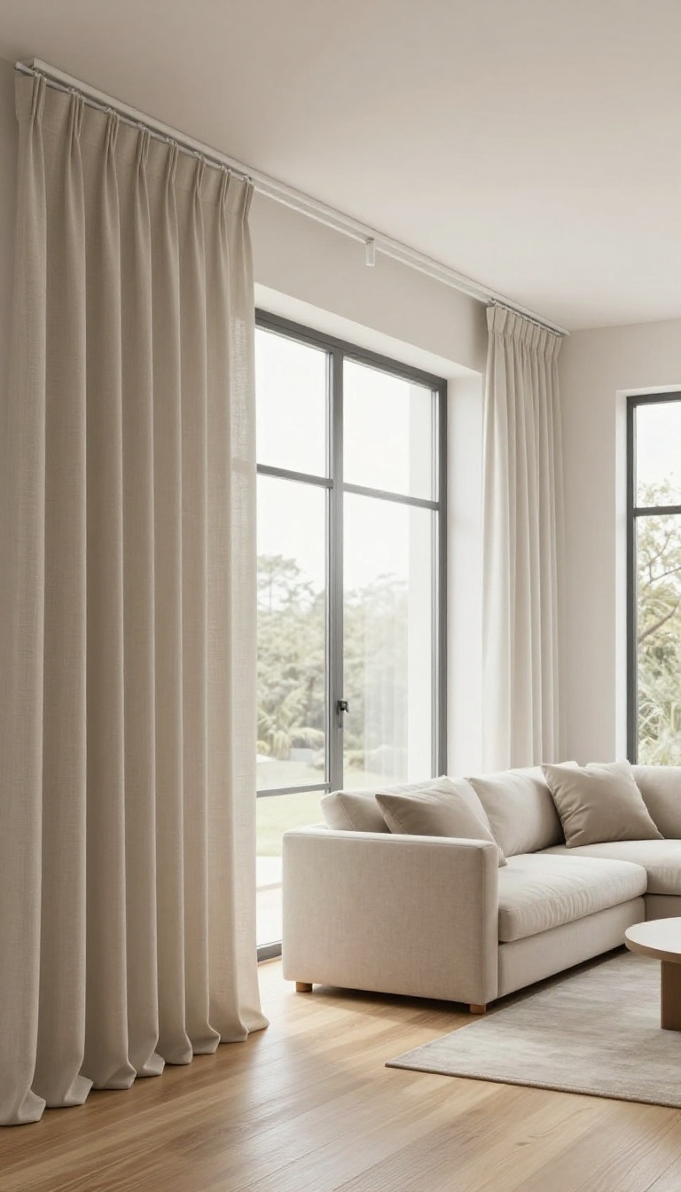 Bright open-plan living room with a ceiling-mounted track and linen curtain panels dividing a cozy seating nook