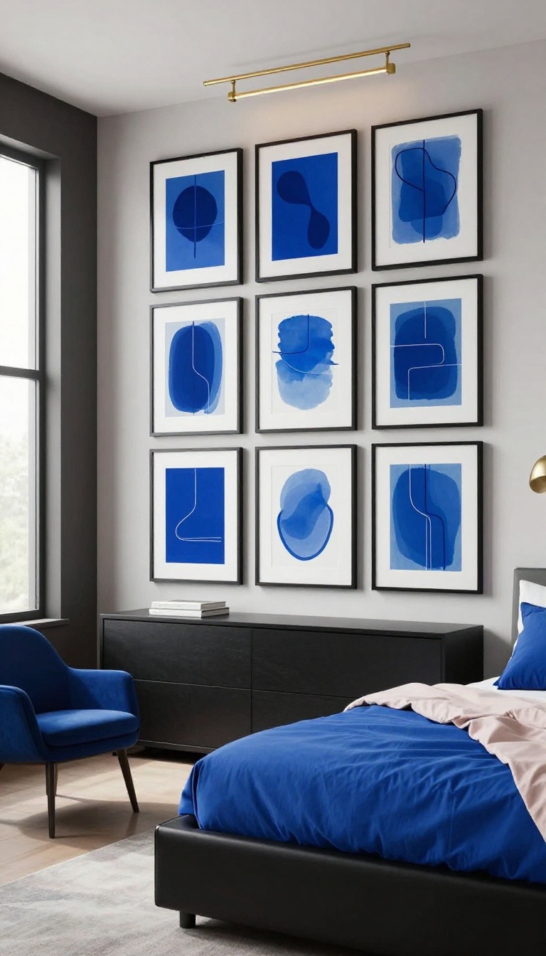 Modern bedroom with a black and blue gallery wall of framed abstract prints above a black dresser, styled with navy bedding and bright natural light.