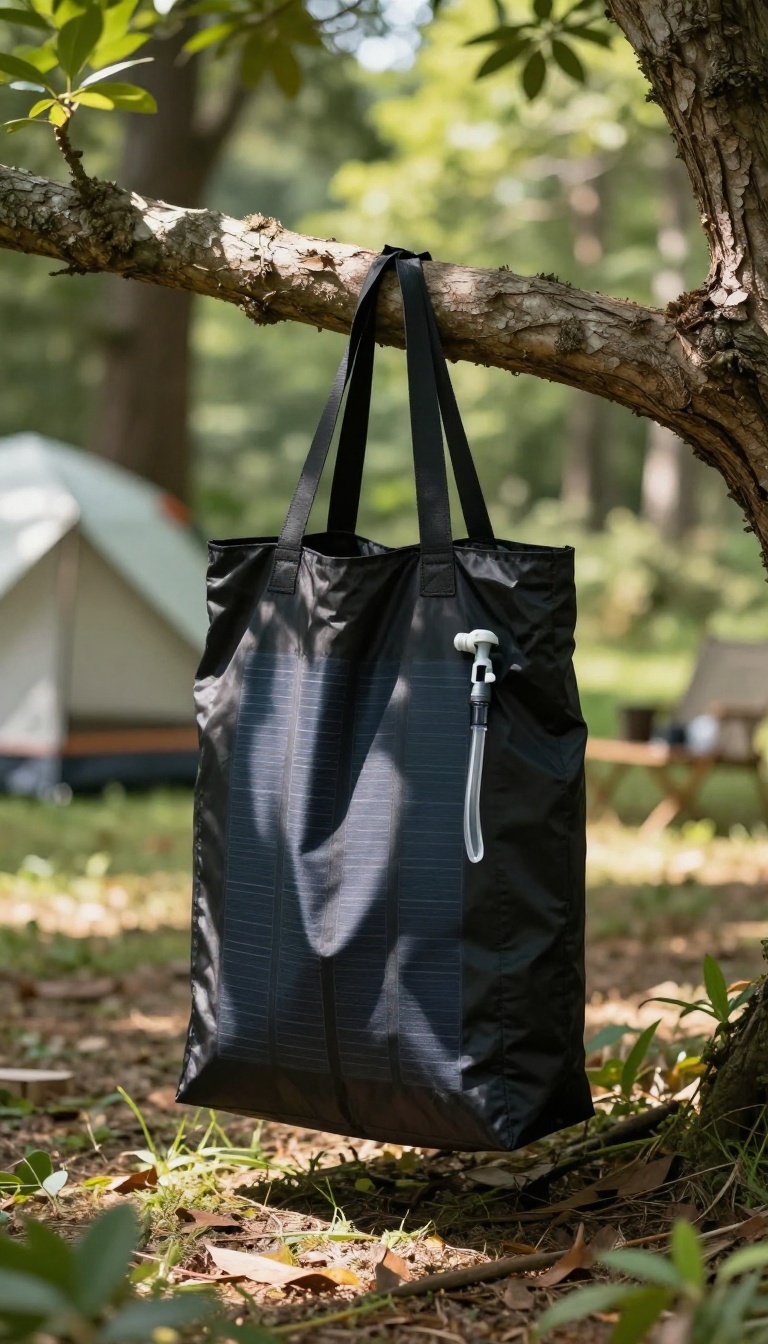 Solar shower bag hanging from a tree branch in a sunlit forest
