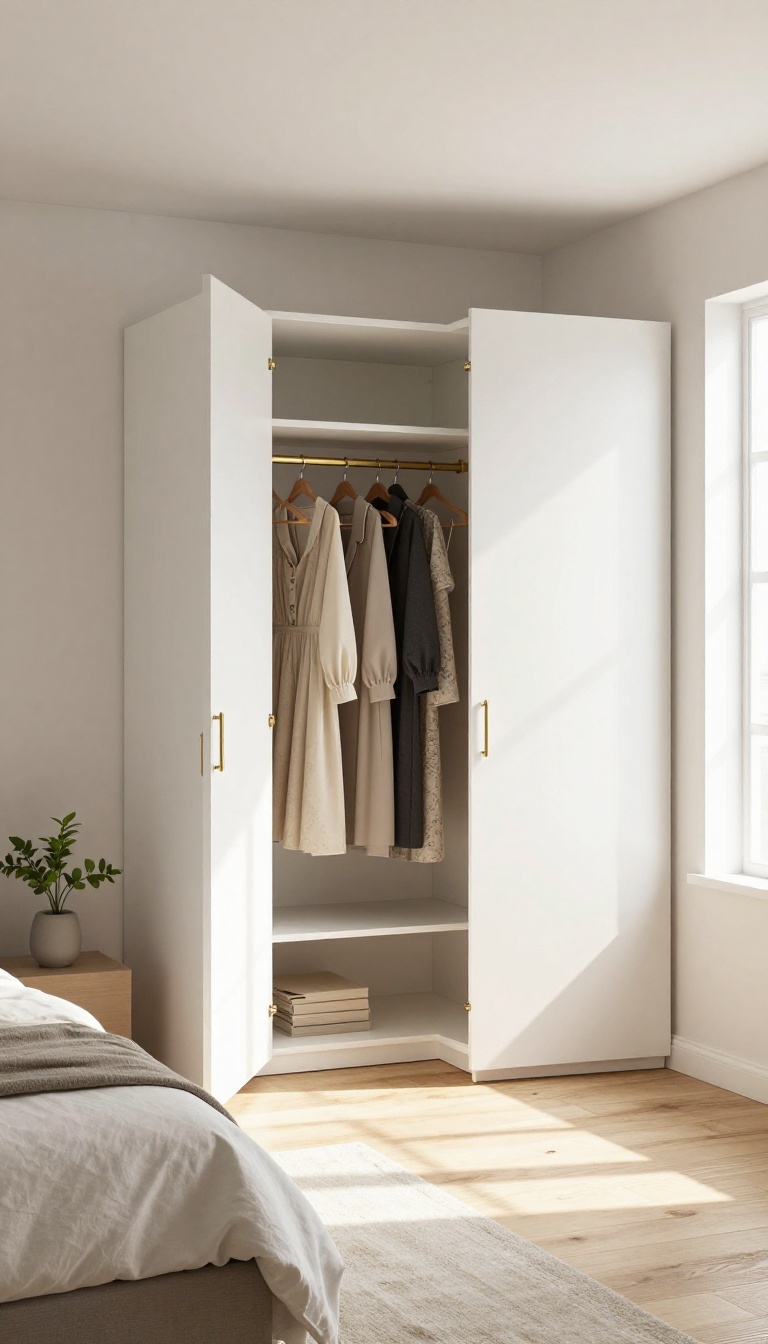 Bright bedroom corner with a white angled-front corner wardrobe, brass handles, and natural light highlighting deep hanging storage
