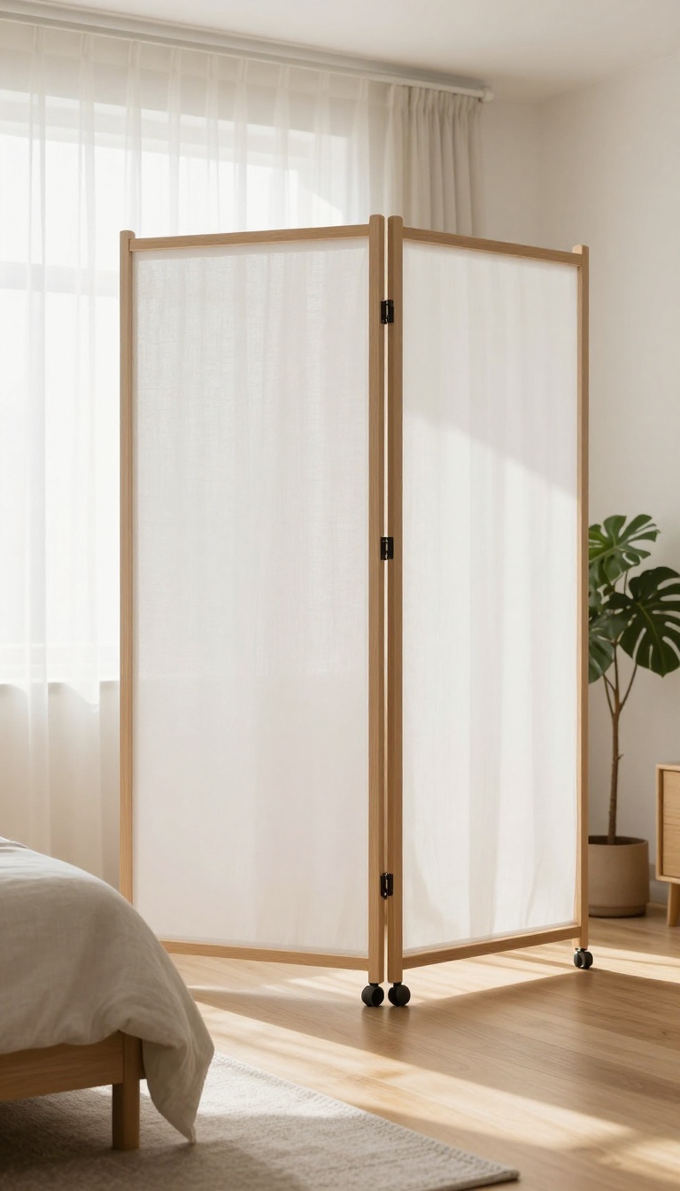 Foldable room divider on wheels partially folded in a bright studio apartment, showing how a rolling screen creates flexible privacy
