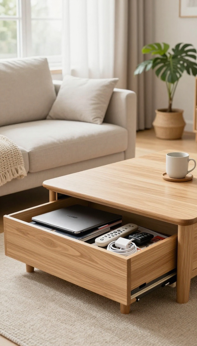 Bright small living room with a raised lift-top coffee table revealing hidden storage for remotes, magazines, and a laptop, styled with a plant and mug near a linen sofa in natural light