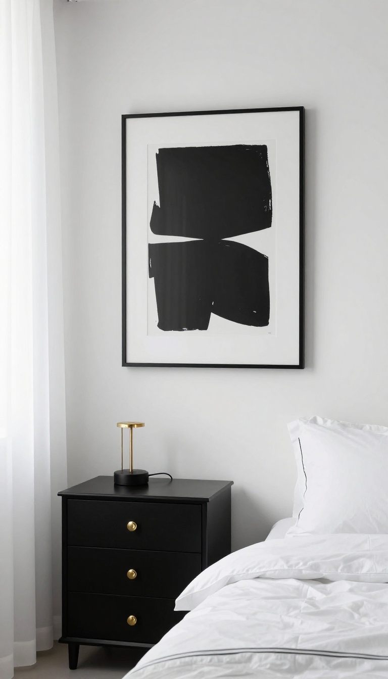 Black and white bedroom with brass drawer pulls, a brass picture frame, and a chrome pendant light adding subtle metallic shine