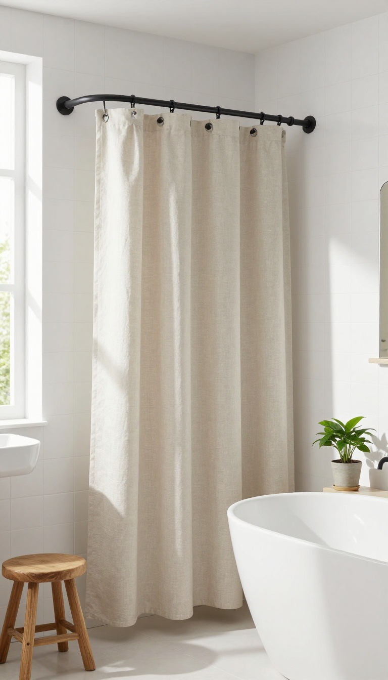 Modern bathroom with black iron pipe shower curtain rod and beige linen curtain