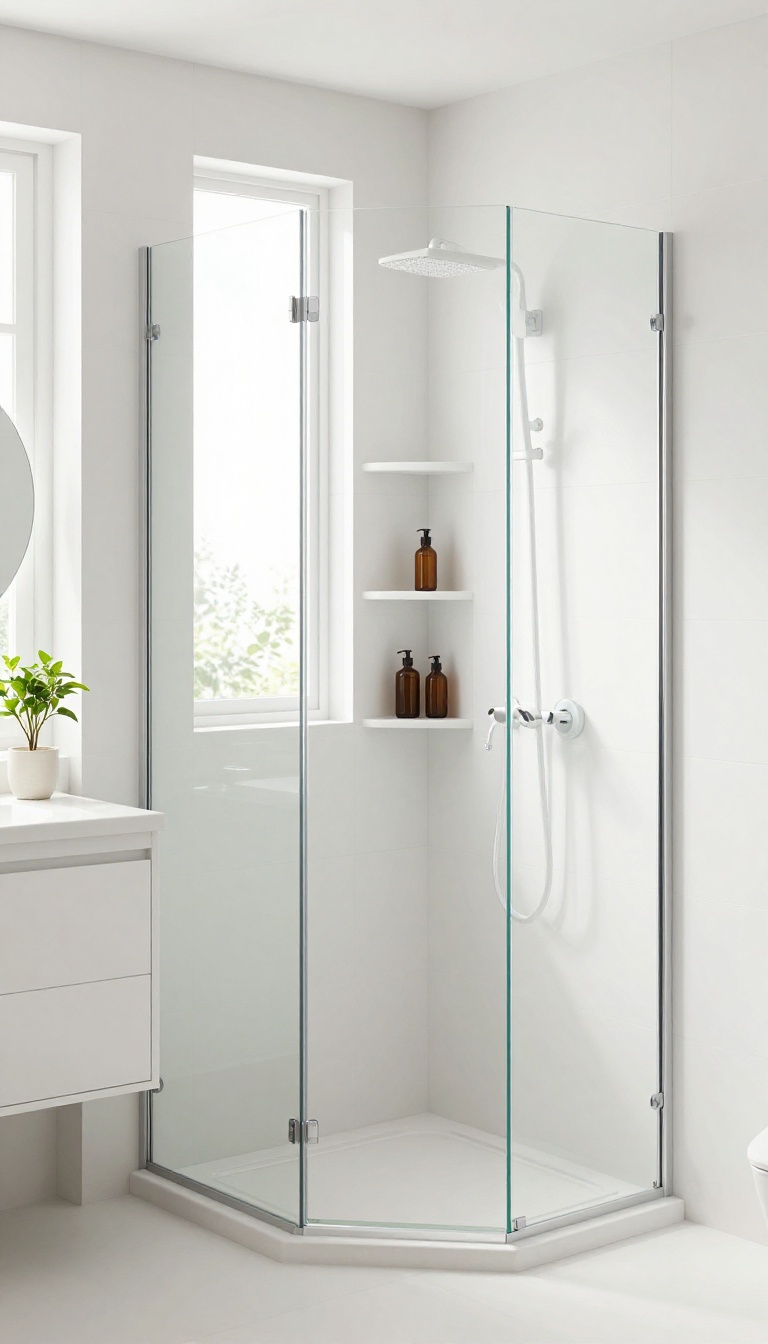 Corner shower with clear glass doors in a small bright modern bathroom, maximizing space with built-in shelves.