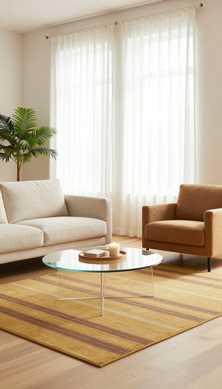Bright living room with a glass coffee table placed over a yellow and brown striped area rug, surrounded by a cream sofa and tan chair in warm natural light.