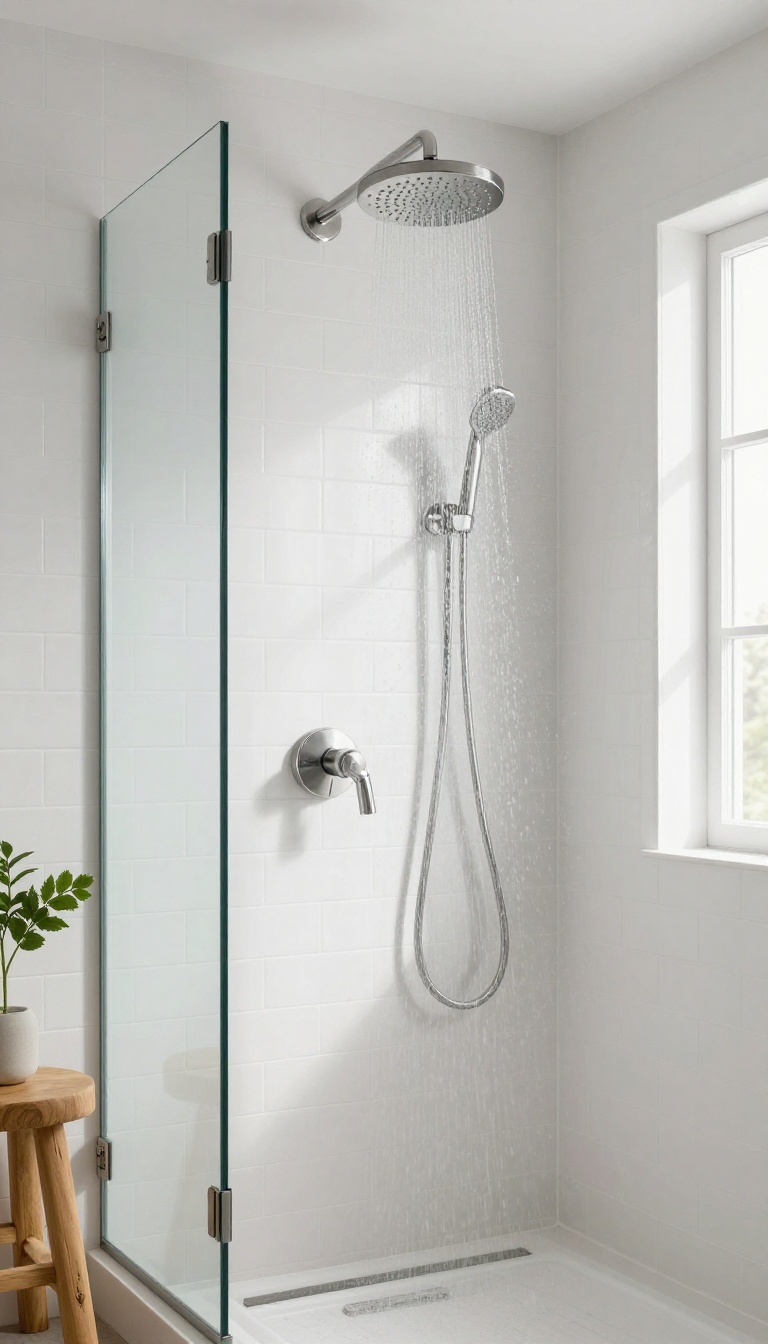 Modern farmhouse shower with rainfall showerhead and handheld combo in brushed nickel finish, white subway tile, glass enclosure, and natural wood accents.