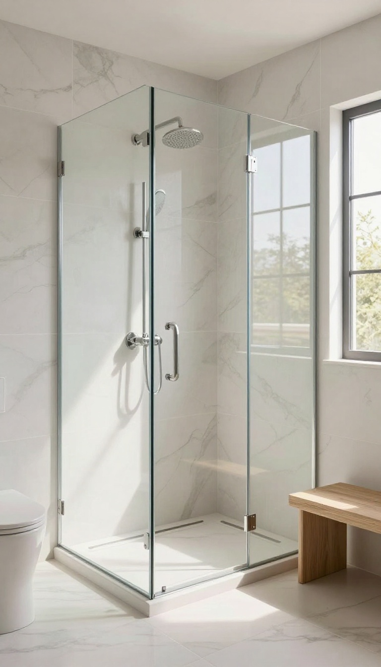 Frameless glass shower door in a modern bathroom with marble tiles and natural light