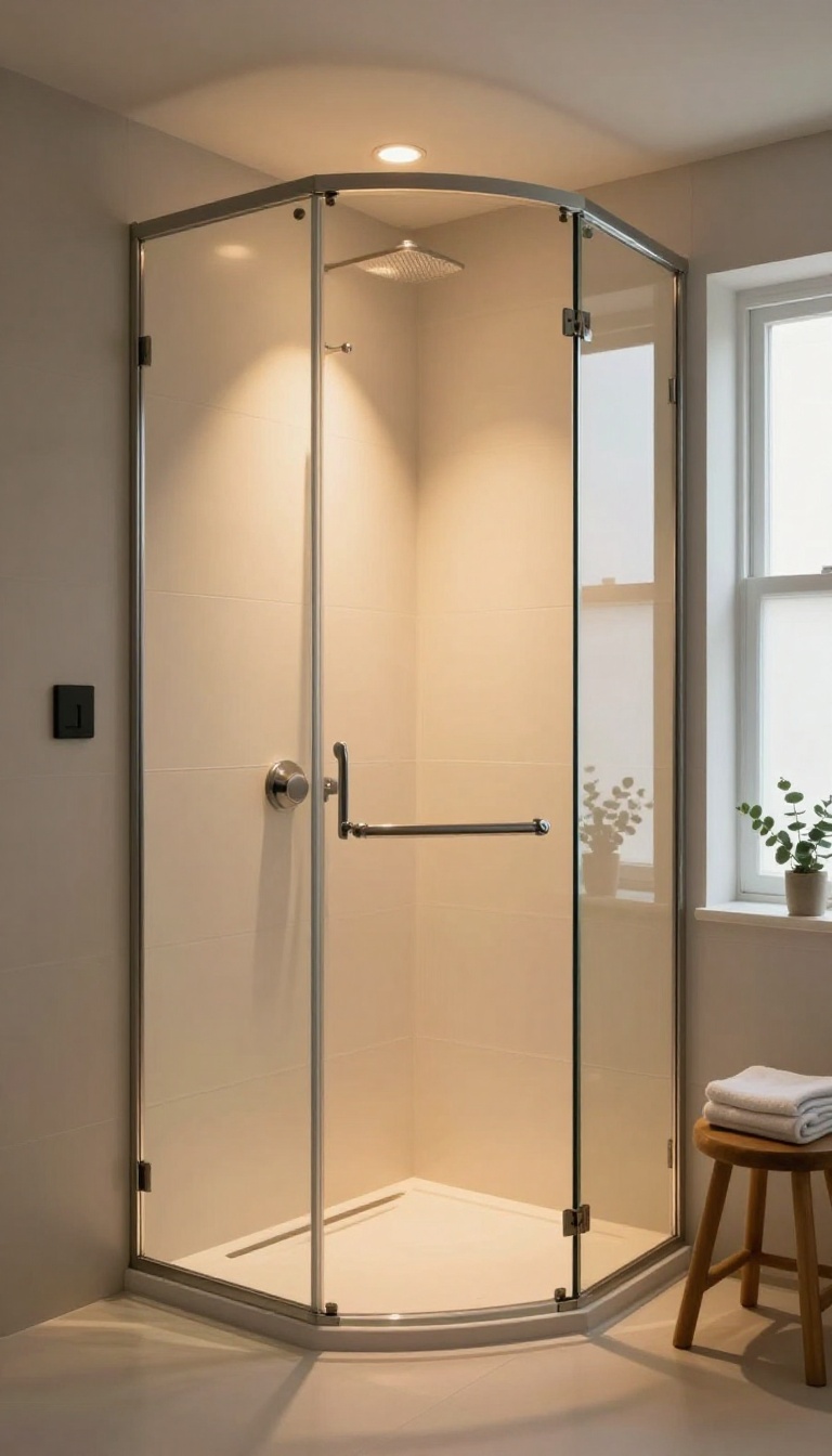Dimly lit quadrant shower room with a curved glass enclosure, warm dimmable spotlights, and a spa-like atmosphere at dusk