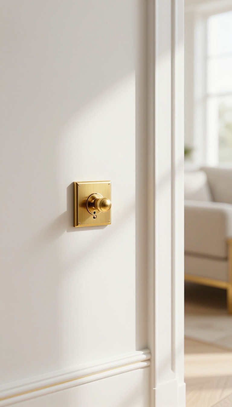 White living room wall with brushed gold light switch plate, brass outlet cover, and gold-trimmed door casing in bright natural light