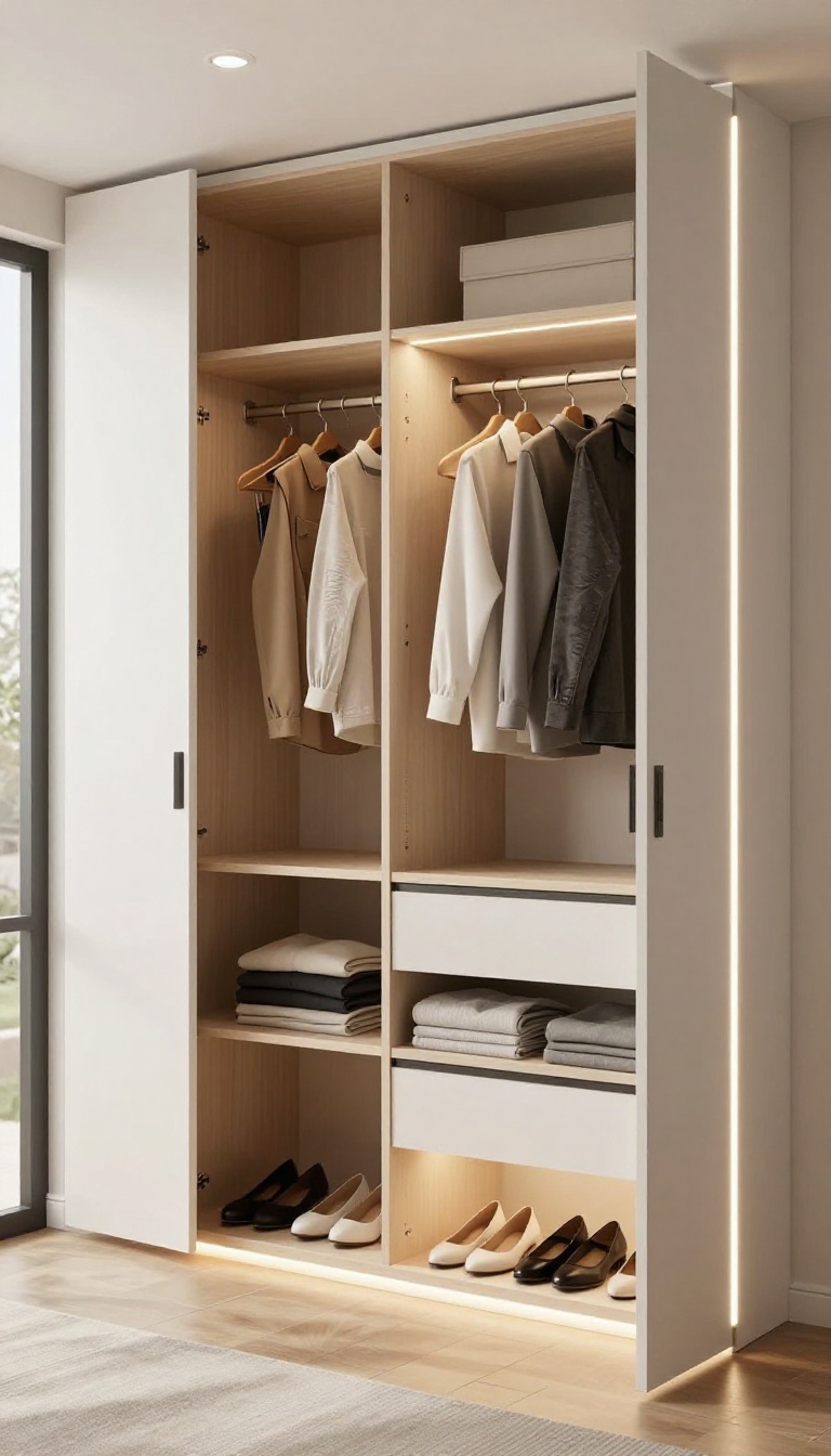 Modern bedroom wardrobe with integrated LED strip and puck lighting glowing softly over neatly arranged clothes and shoes
