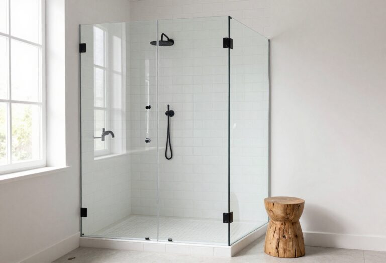 Modern farmhouse shower with white tile and black fixtures