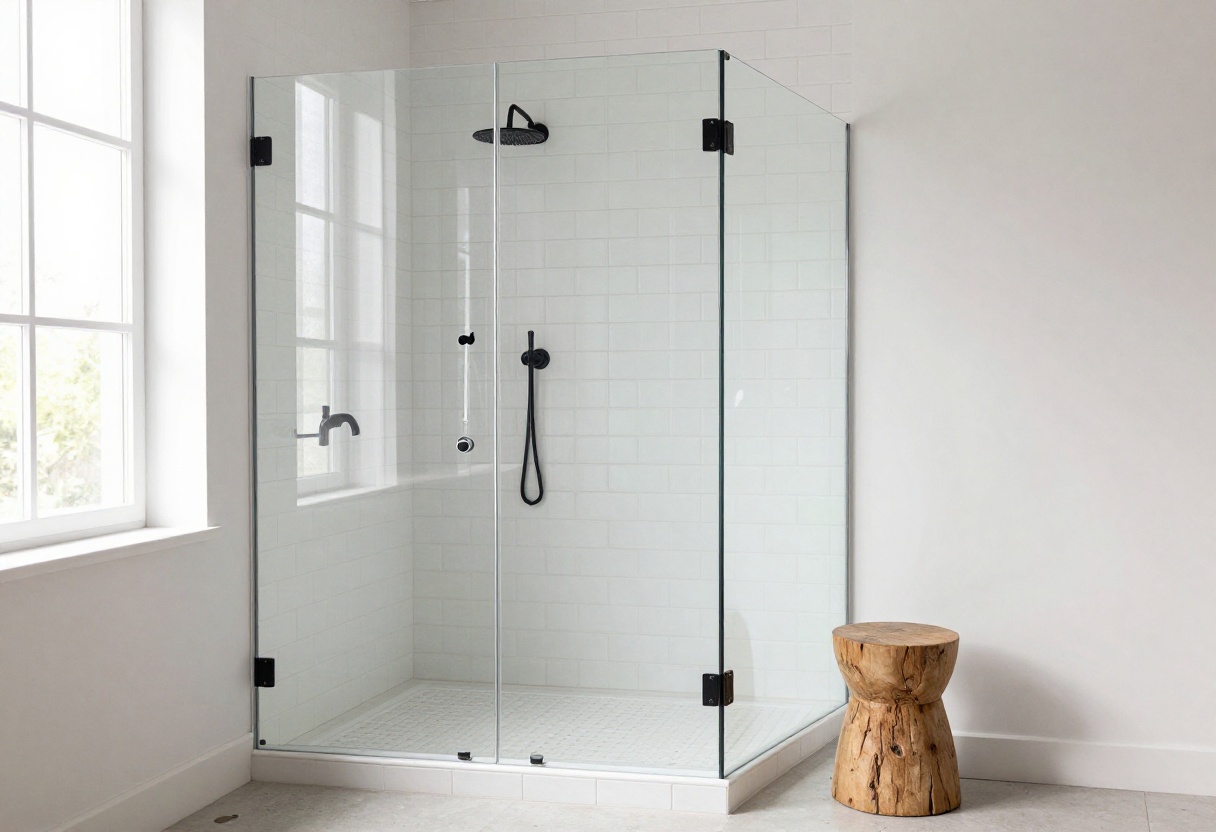 Modern farmhouse shower with white tile and black fixtures
