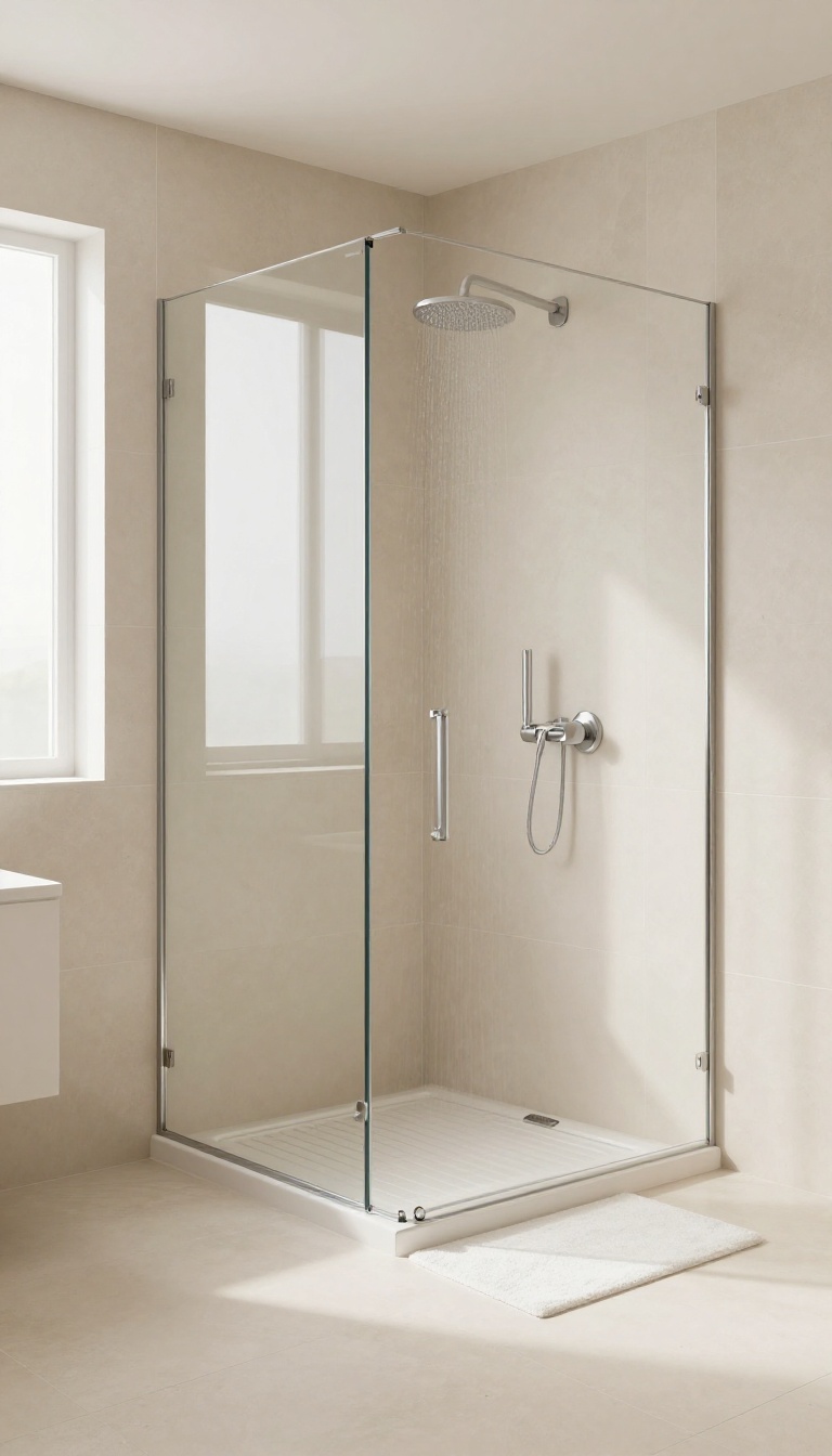 Bright basement shower with heated tile floor and glass enclosure