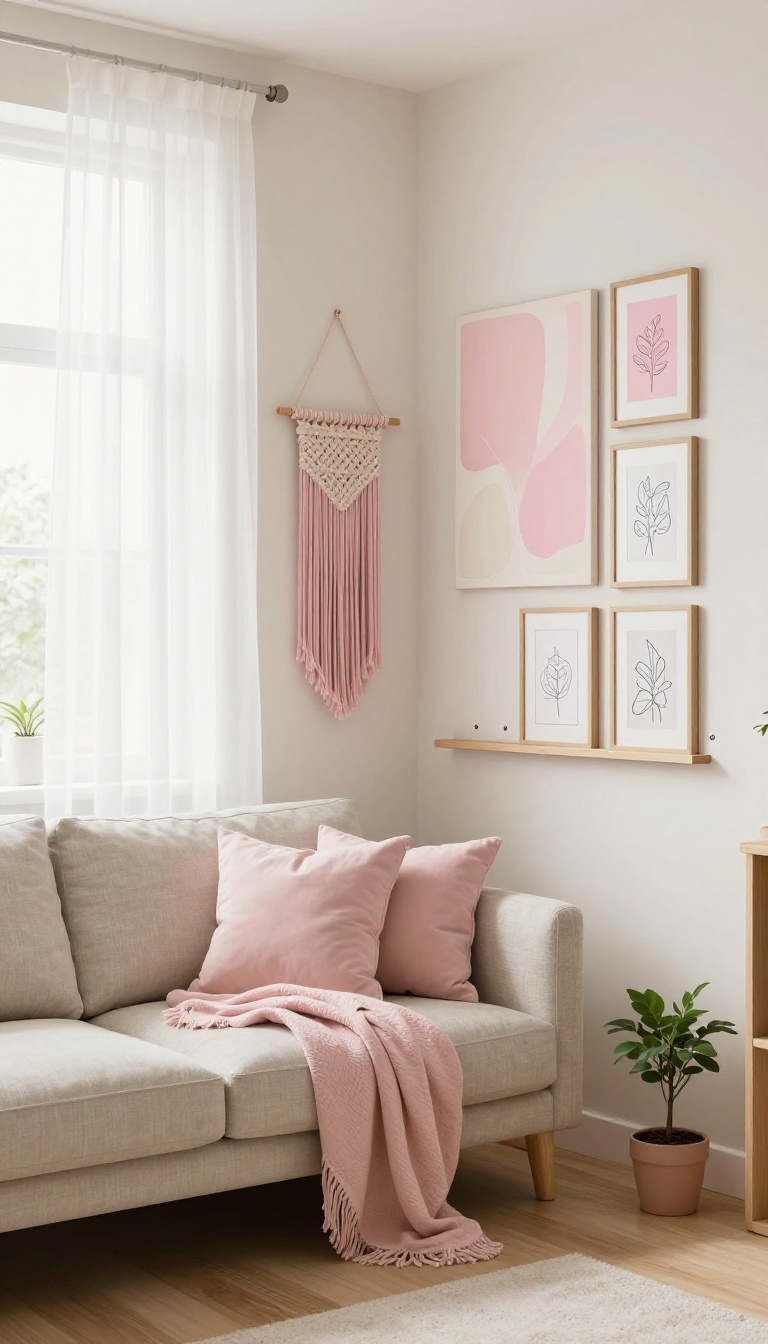 Cozy apartment living room with pink abstract canvas above a neutral sofa, pink macrame wall hanging, and a small gallery wall of pink prints and black-and-white art in matching wood frames