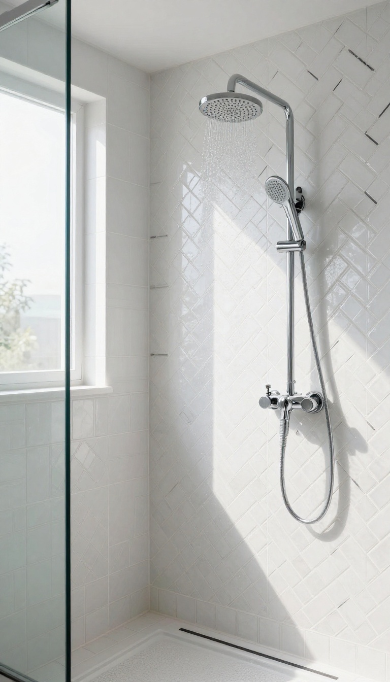 Modern shower wall with white rectangular herringbone mosaic tiles and dark contrasting grout in bright natural light