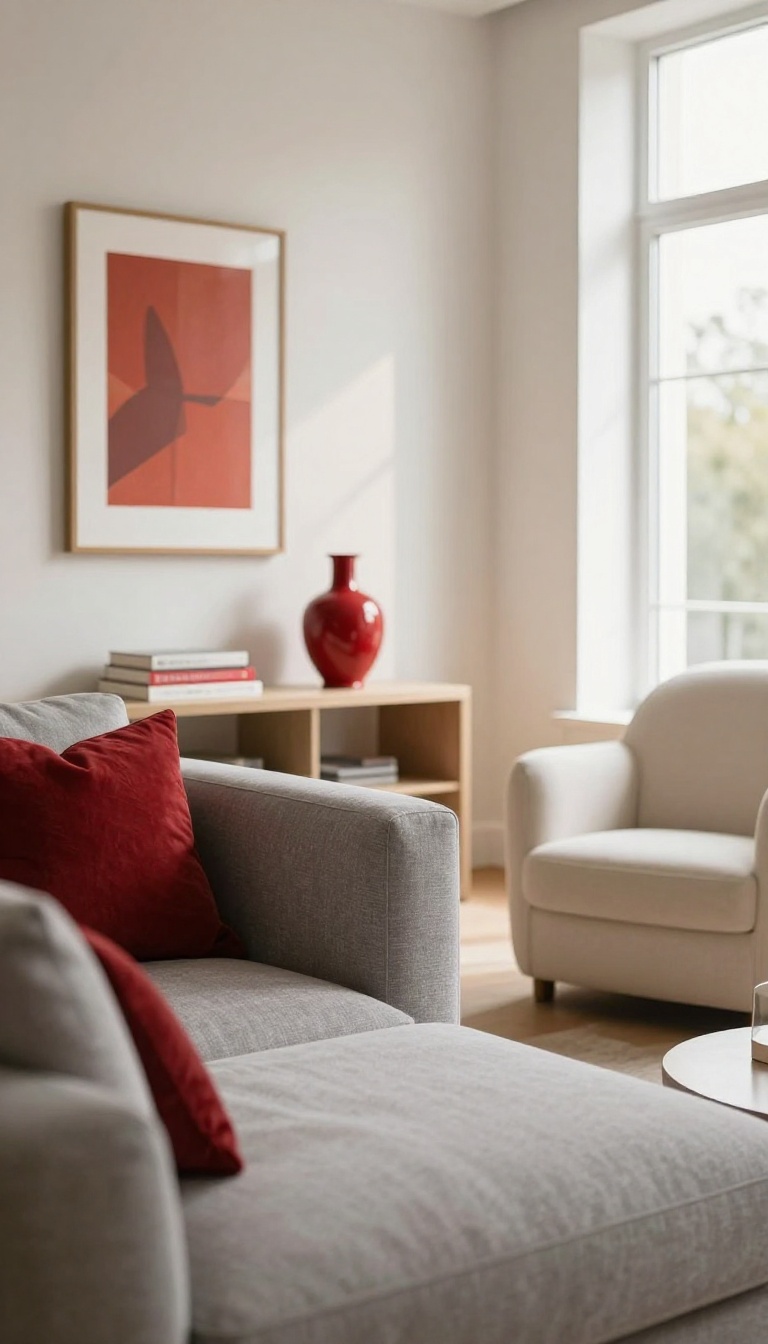 Bright neutral living room with red accents repeated across crimson pillows, a red throw, a red vase, and red-spined books for a cohesive warm look