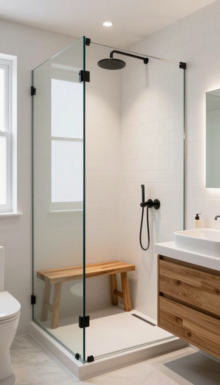 Modern farmhouse bathroom with a frameless glass shower, teak bench, and matte black fixtures in bright natural light