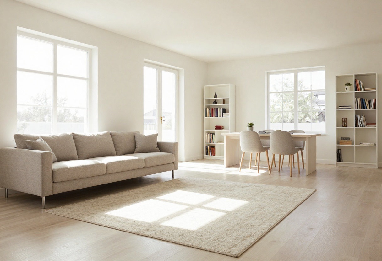 Open-plan living room with a rug and low bookshelf dividing seating and dining zones.
