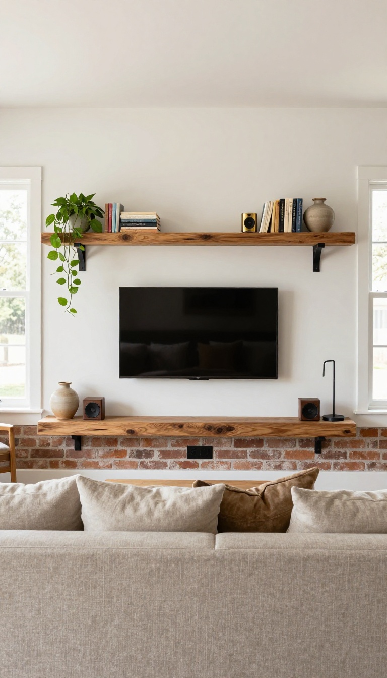 Rustic living room with a wall-mounted TV framed by thick chunky reclaimed wood floating shelves holding books, plants, and decor against an exposed brick wall