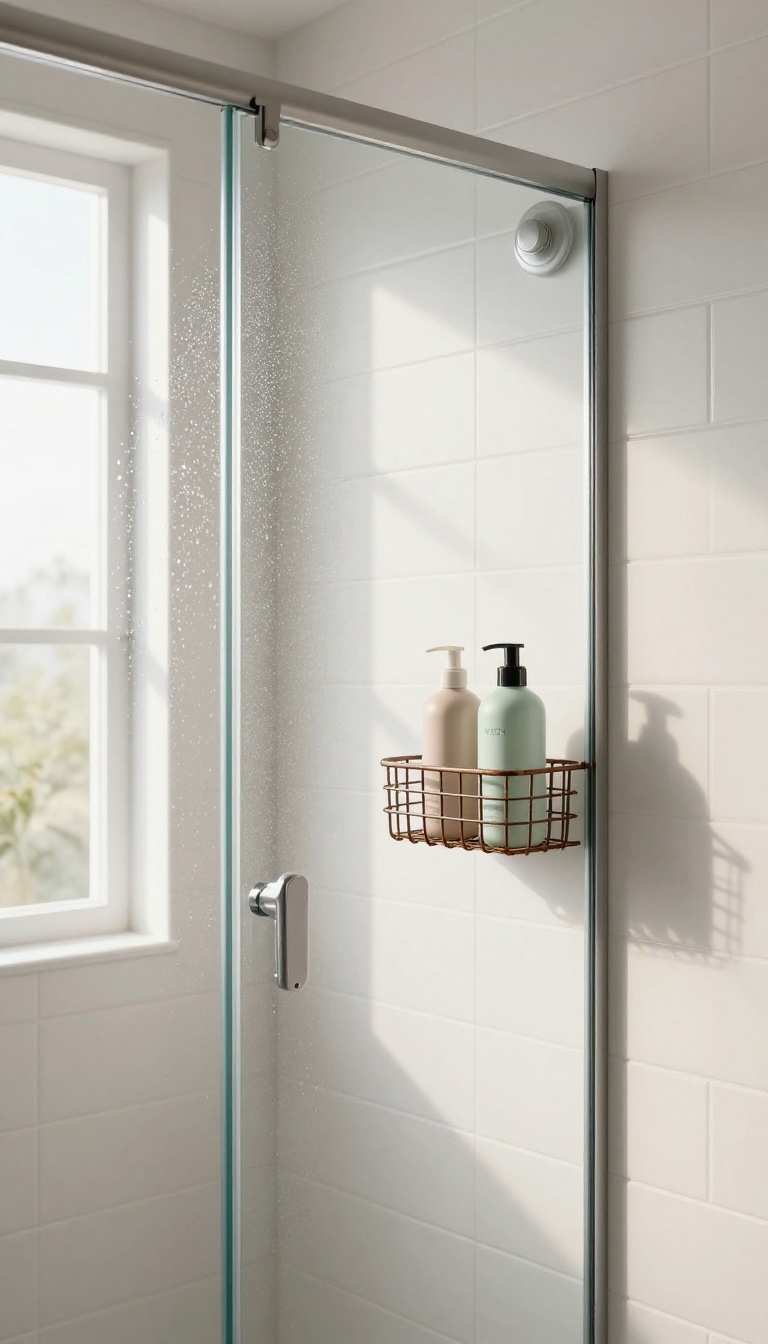 Wire basket with suction cups attached to a glass shower door holding shampoo bottles