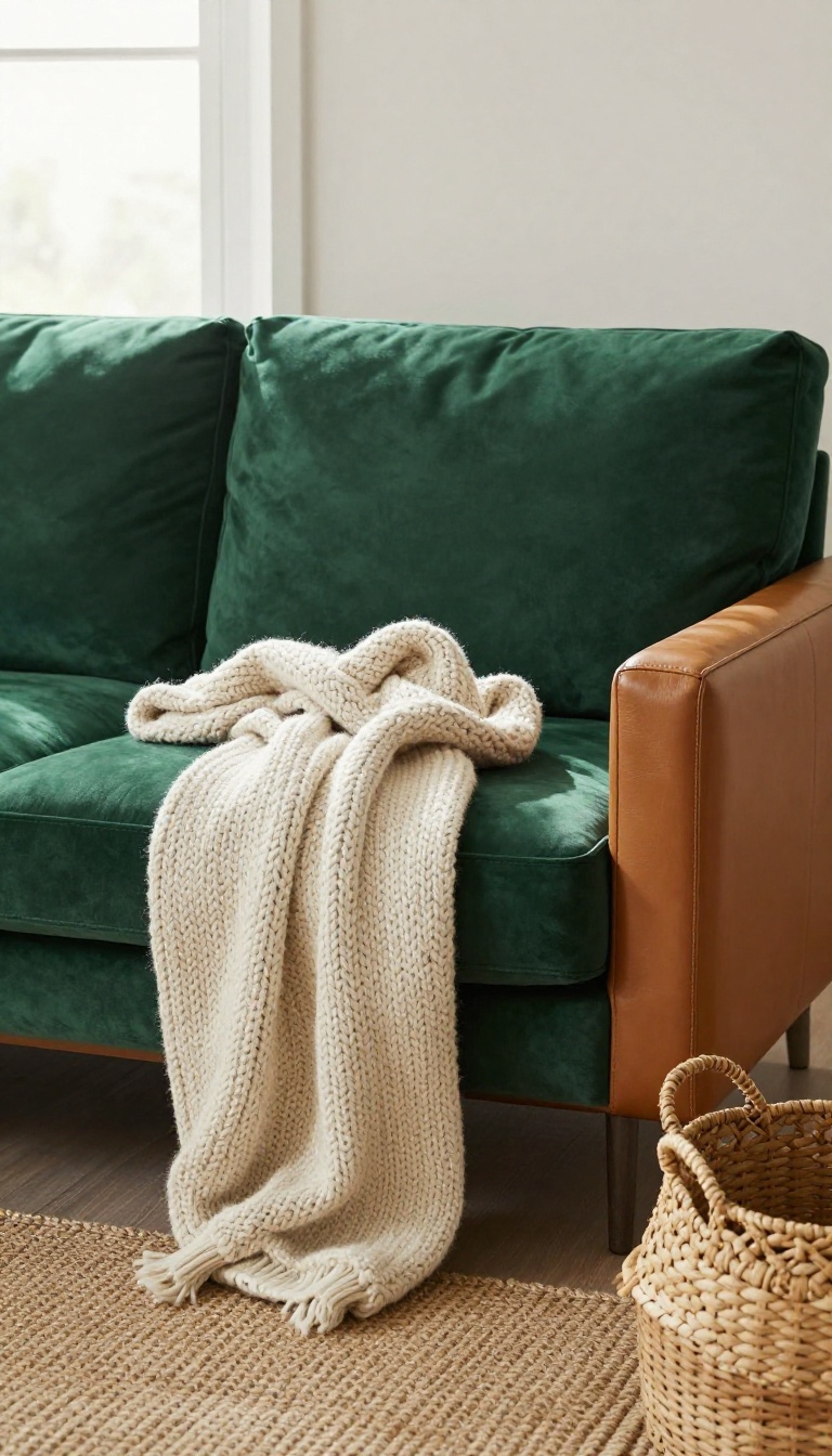 Green velvet couch styled with a chunky knit throw, caramel leather armchair, and woven basket in a bright living room
