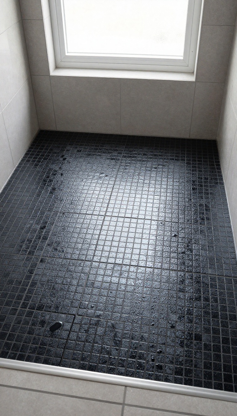 Close-up of a black mosaic tile shower floor with dark grout lines and water droplets in a bright bathroom