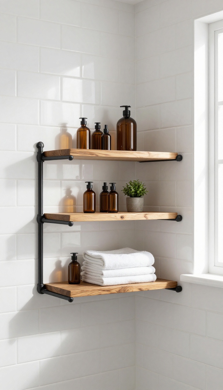 Industrial pipe shelf in a shower with wooden planks and black iron pipes holding toiletries and folded towels