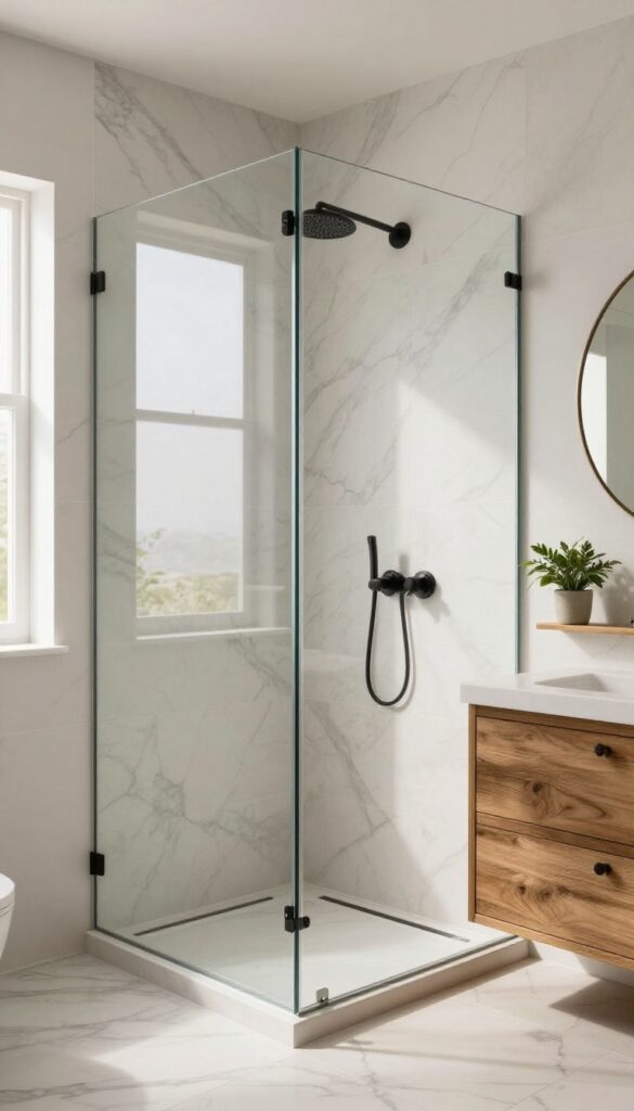 A bright farmhouse bathroom with a frameless glass shower enclosure, showcasing marble-look tile and matte black fixtures.