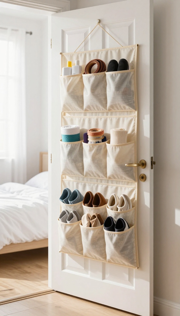 Over-the-door fabric organizer hanging on a bedroom door holding shoes, accessories, and small items in a bright small bedroom