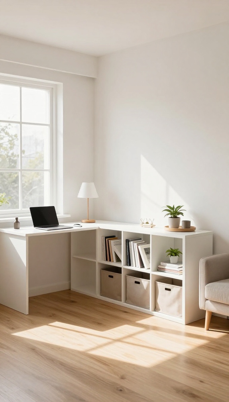 Bright small living room divided by a low open-back cube shelving unit used as a room divider with baskets, books, and plants