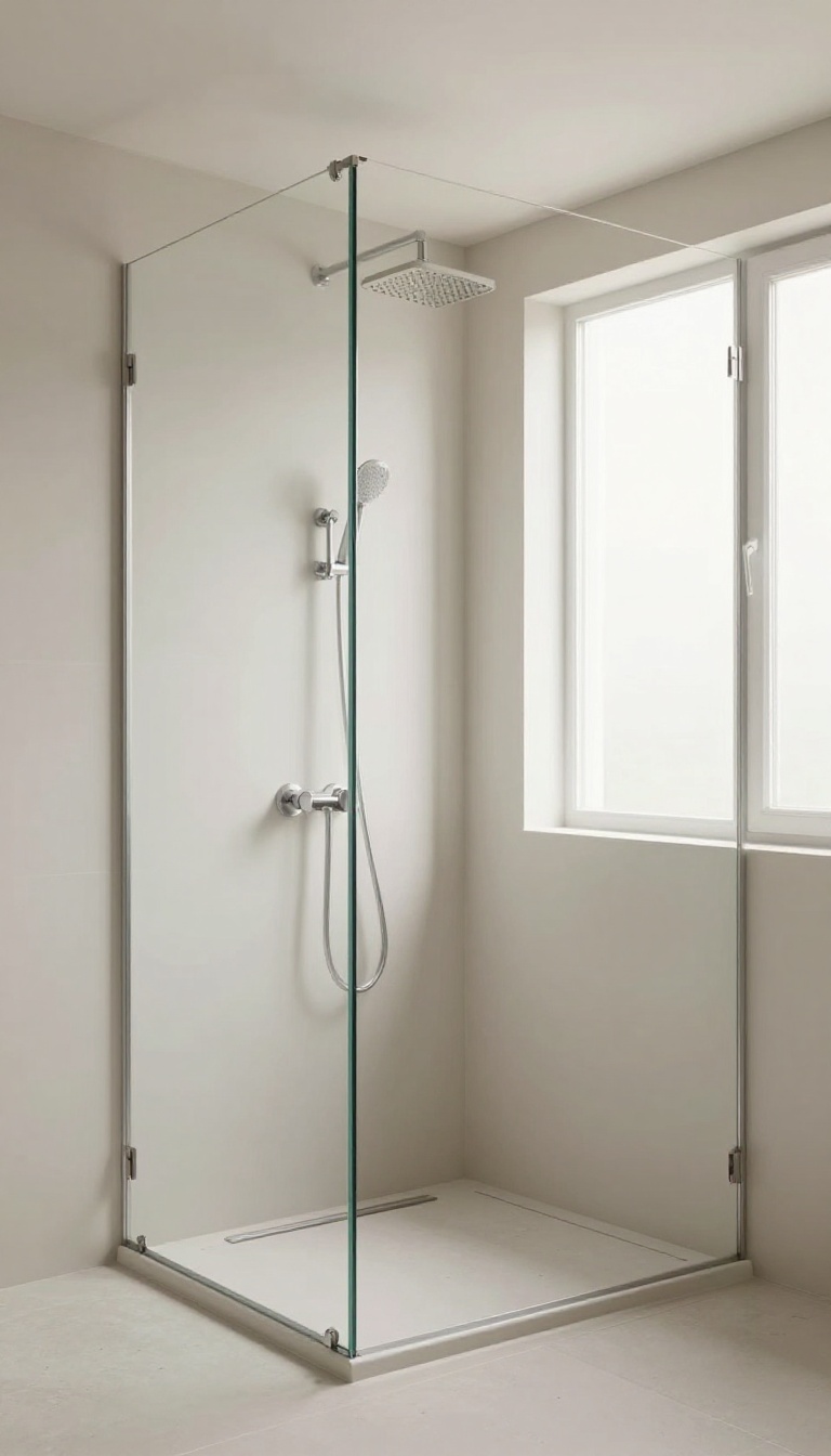 Minimal quadrant shower room with a tile-in linear drain, ceiling-mounted rain shower head, and flush wall-mounted chrome fixtures in bright natural light
