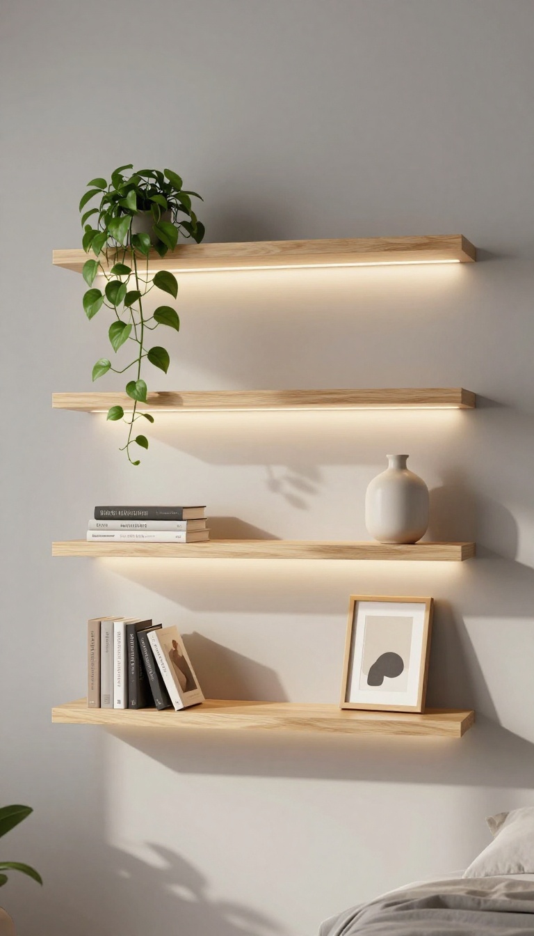 Floating wood shelves on a bedroom wall glowing with hidden warm LED tape underneath, styled with books and a plant
