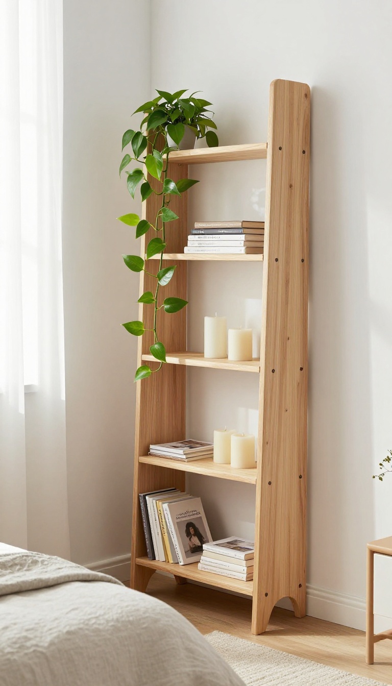 Freestanding open shelving unit acting as a room divider in a bright small bedroom, styled with plants, books, and candles
