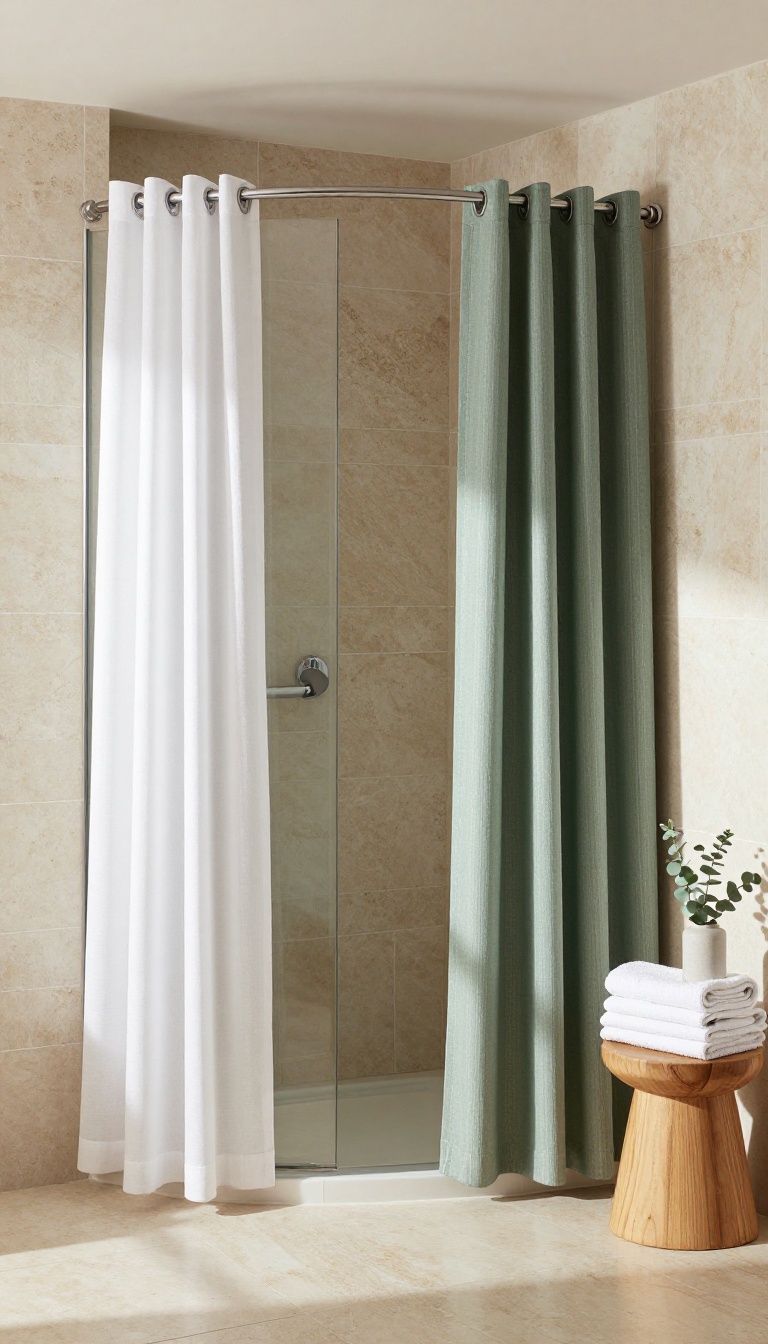 Walk-in shower with layered white linen and sage green stripe curtains on a double rod, creating a mixed-texture look.