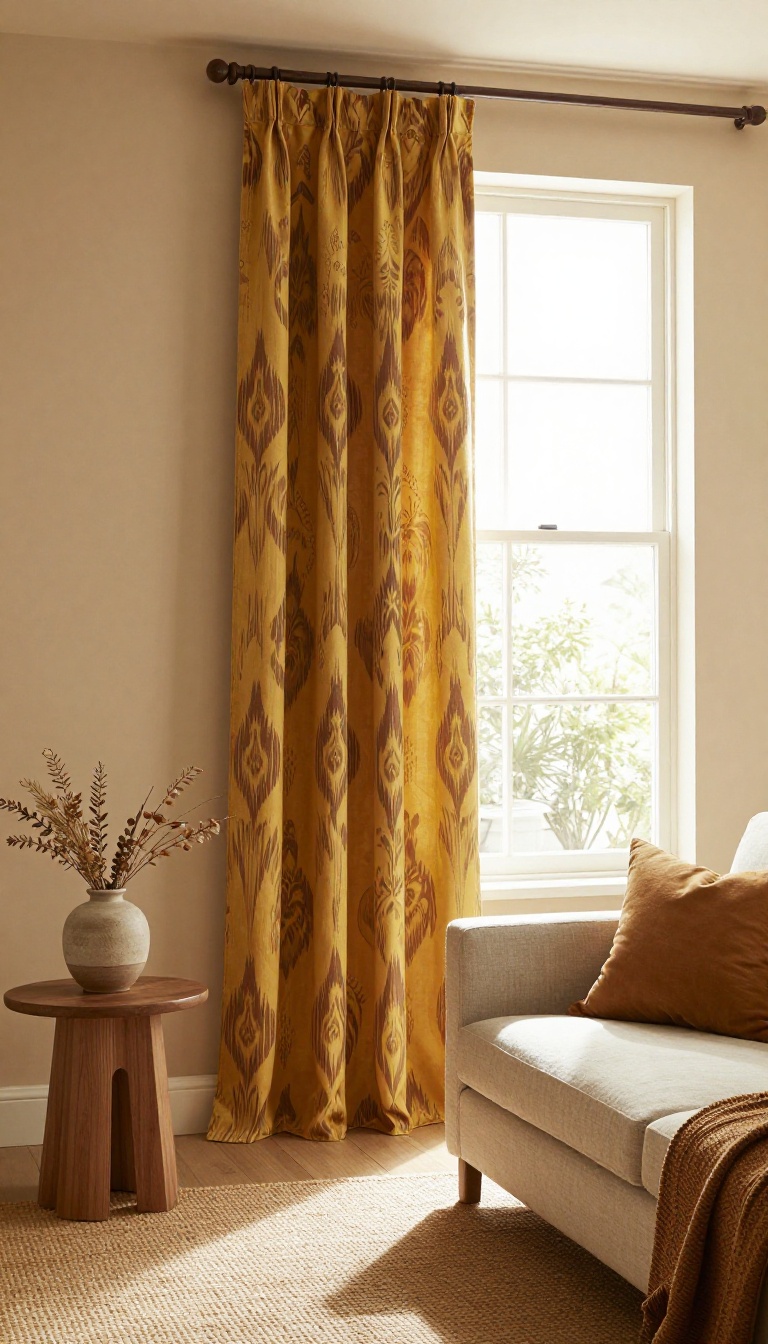 Living room with tan walls and floor-length mustard and brown patterned curtains framing bright windows, styled with a neutral sofa and warm natural light.