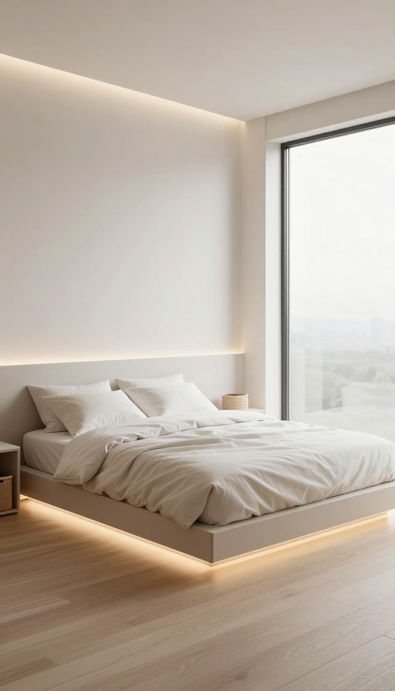 Modern bedroom with a floating bed on a low platform, hidden under-bed storage bins, and warm LED strip lighting glowing beneath