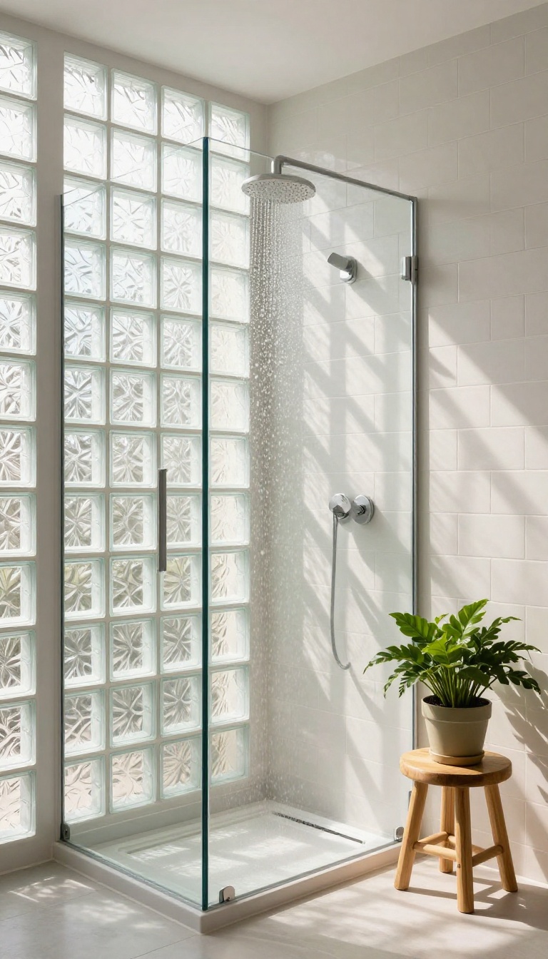 Bright basement shower with a glass block window for privacy and natural light, featuring light tiles and a rainfall showerhead.