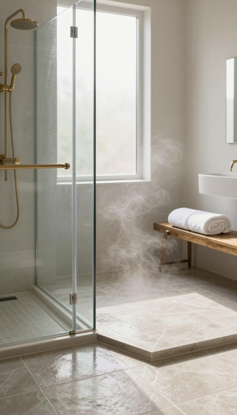 Warm heated tile floor in a bright master bathroom shower with glass enclosure and steam rising